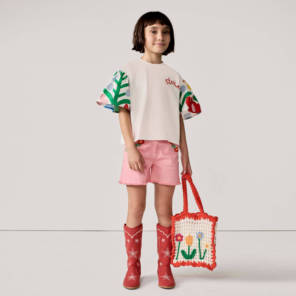 Stella McCartney Kids-Сумка кремово-красная с вязаными цветами для девочек (24см) | Childrensalon