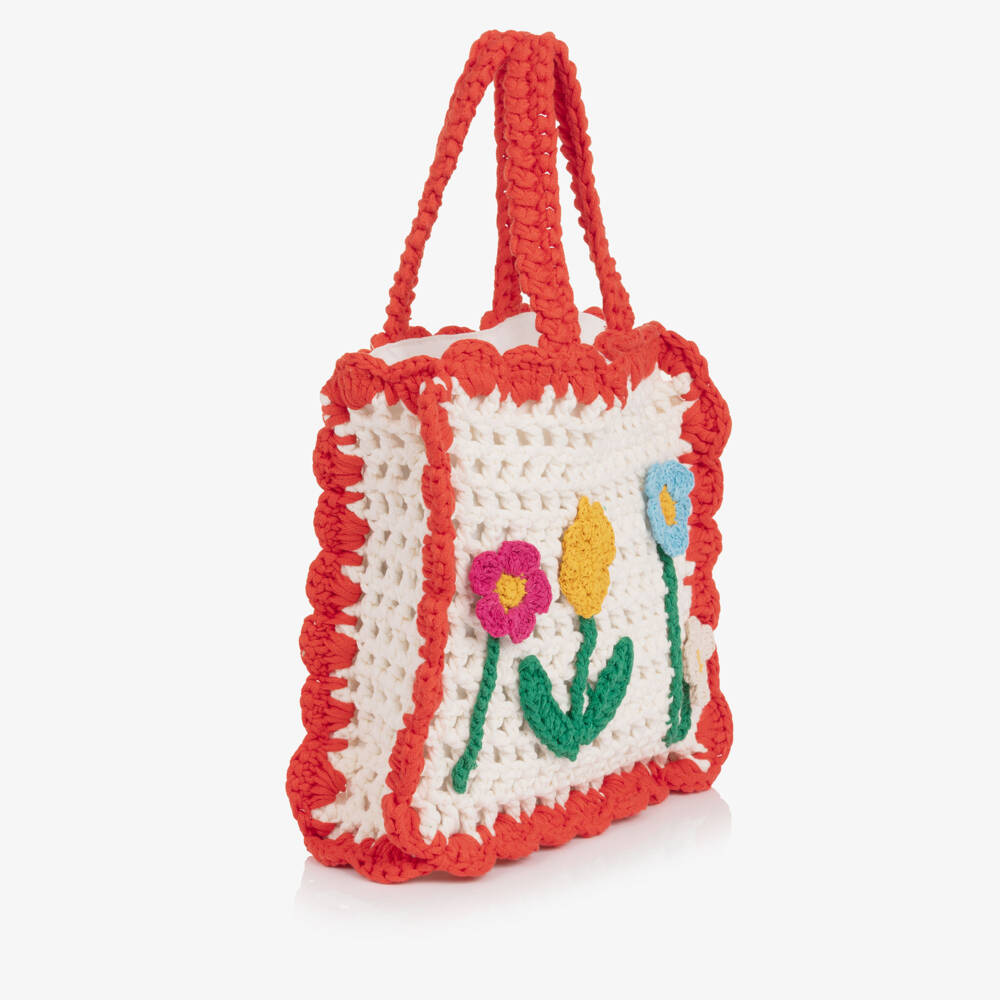 Stella McCartney Kids-Сумка кремово-красная с вязаными цветами для девочек (24см) | Childrensalon