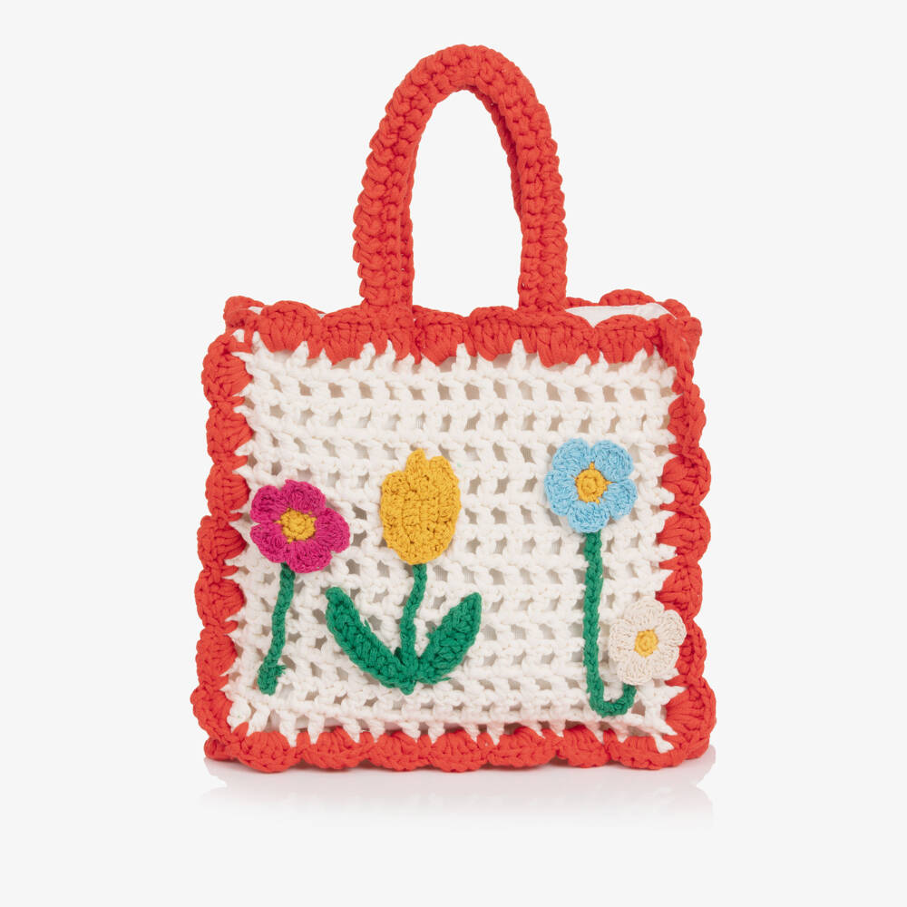 Stella McCartney Kids-Сумка кремово-красная с вязаными цветами для девочек (24см) | Childrensalon