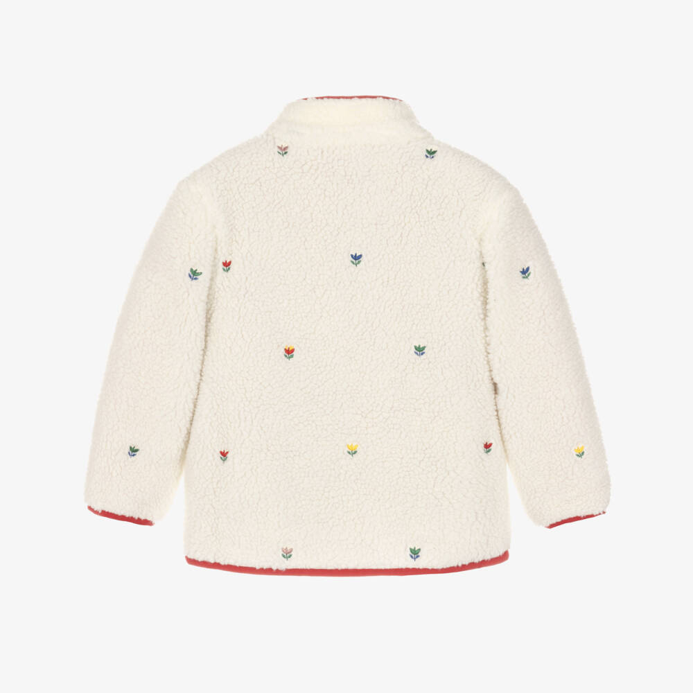 Stella McCartney Kids-Girls Ivory Sherpa Jacket with Embroidered Flowers | Childrensalon