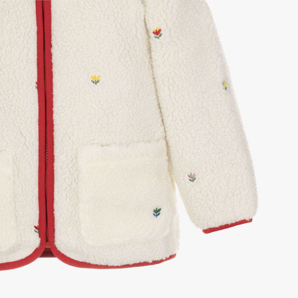 Stella McCartney Kids-Girls Ivory Sherpa Jacket with Embroidered Flowers | Childrensalon