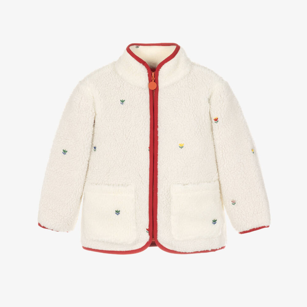 Stella McCartney Kids-Girls Ivory Sherpa Jacket with Embroidered Flowers | Childrensalon
