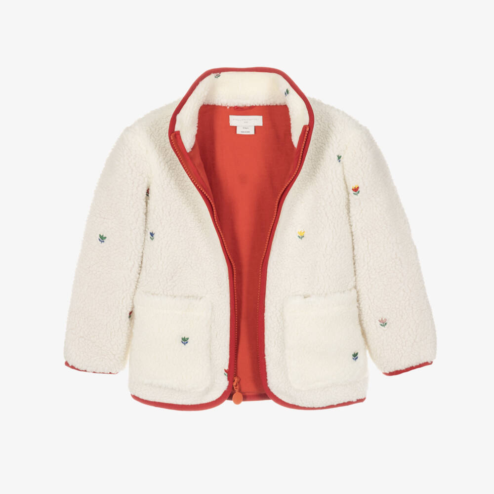 Stella McCartney Kids-Girls Ivory Sherpa Jacket with Embroidered Flowers | Childrensalon