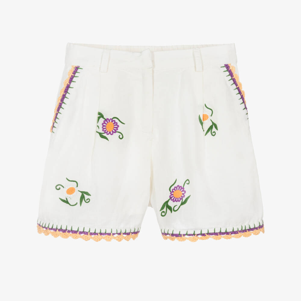 Stella McCartney Kids-Girls Ivory Shorts with Floral Embroidery & Crochet Trims | Childrensalon