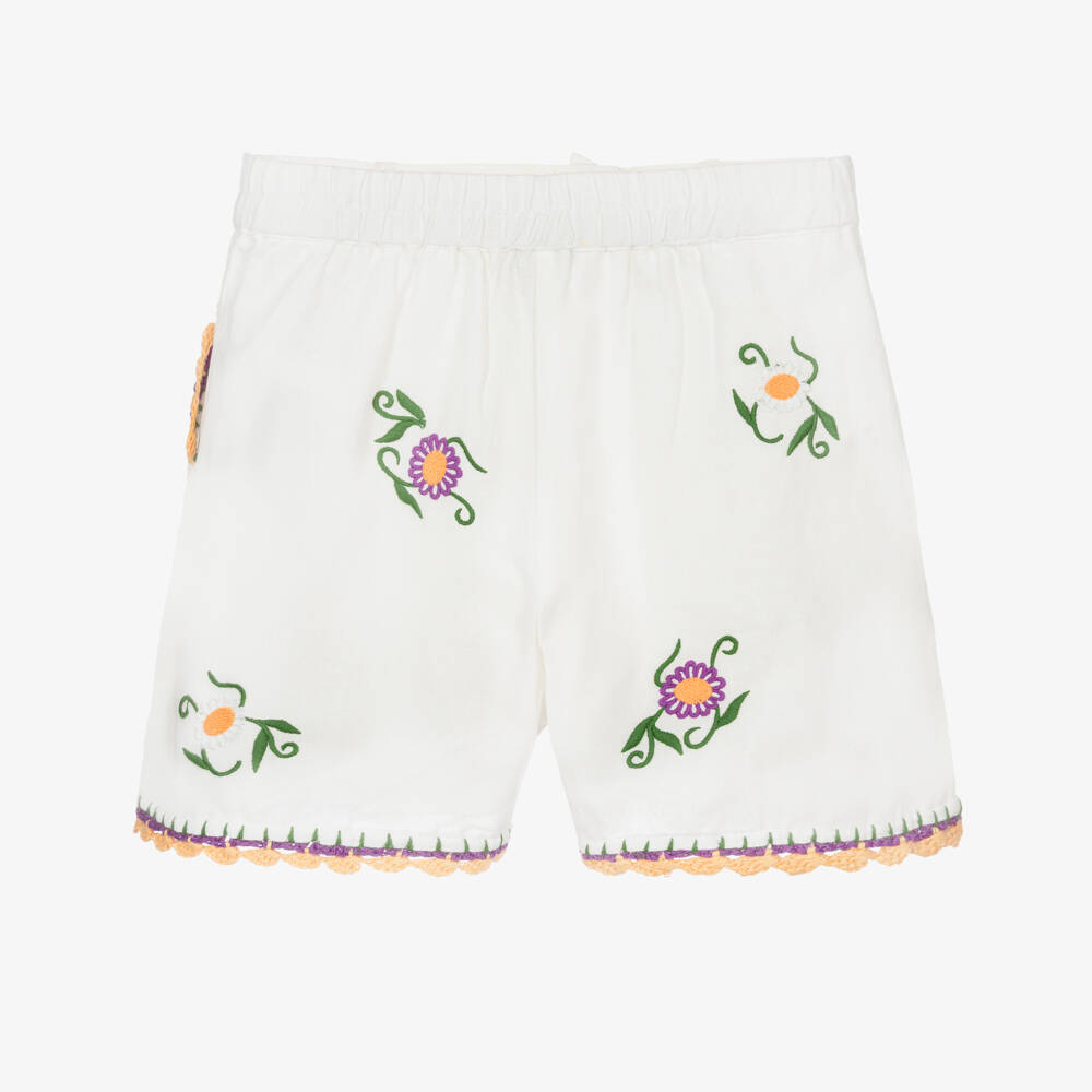 Stella McCartney Kids-Girls Ivory Shorts with Floral Embroidery & Crochet Trims | Childrensalon