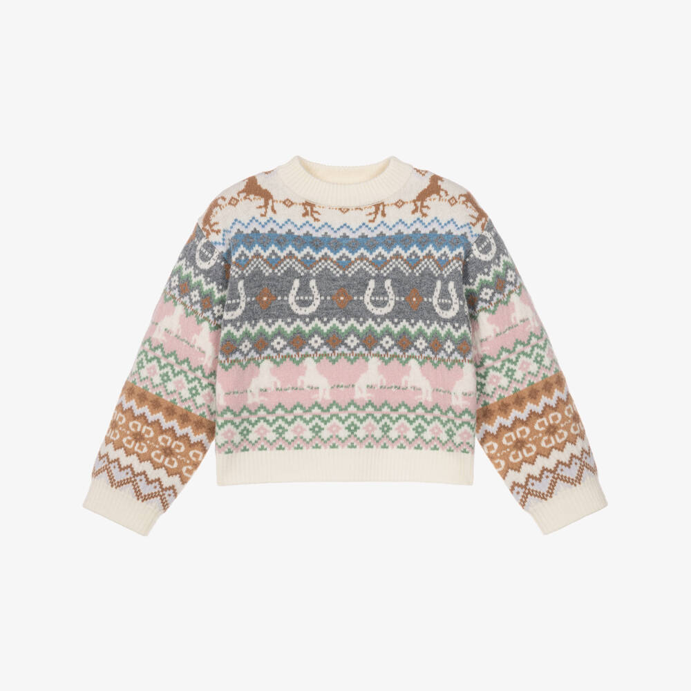 Stella McCartney Kids-Girls Ivory Wool Fair Isle Horse Sweater  | Childrensalon