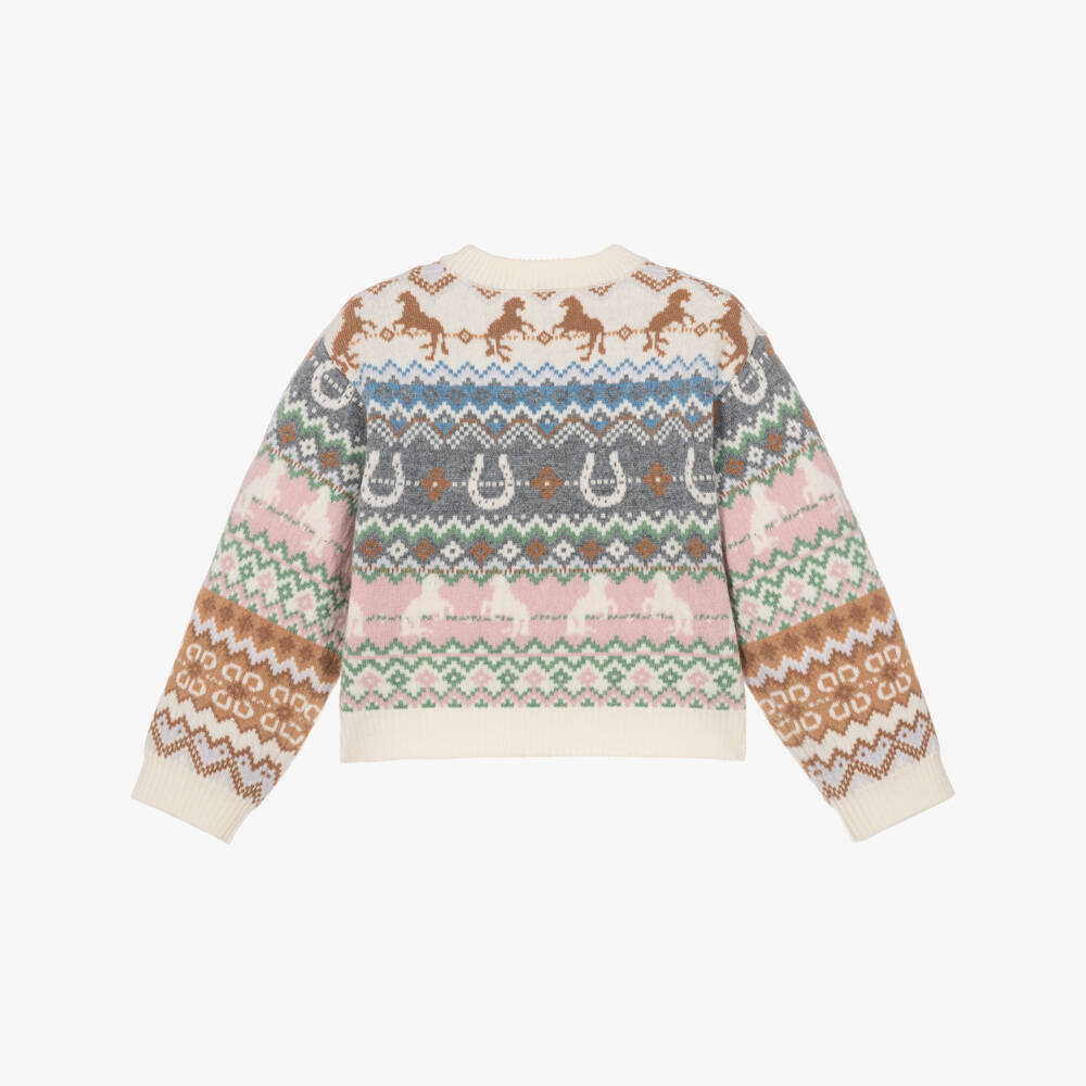 Stella McCartney Kids-Girls Ivory Wool Fair Isle Horse Sweater | Childrensalon