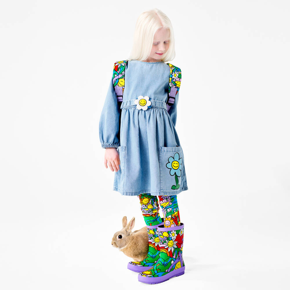 Stella McCartney Kids-Girls Light Blue Denim Dress with Happy Flowers | Childrensalon