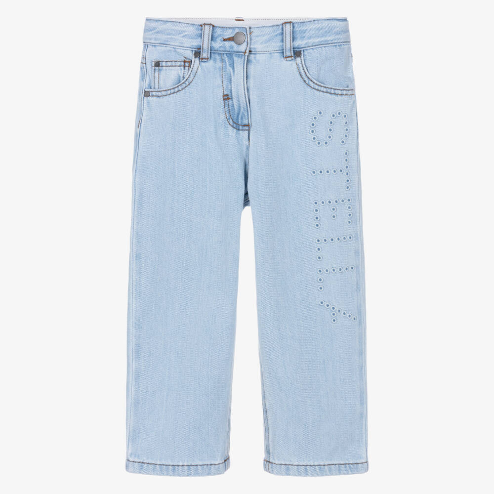 Stella McCartney Kids-Girls Light Blue Denim Jeans with Embroidered Logo | Childrensalon