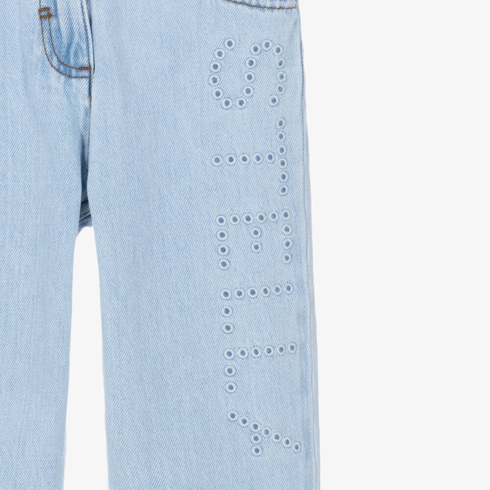 Stella McCartney Kids-Girls Light Blue Denim Jeans with Embroidered Logo | Childrensalon