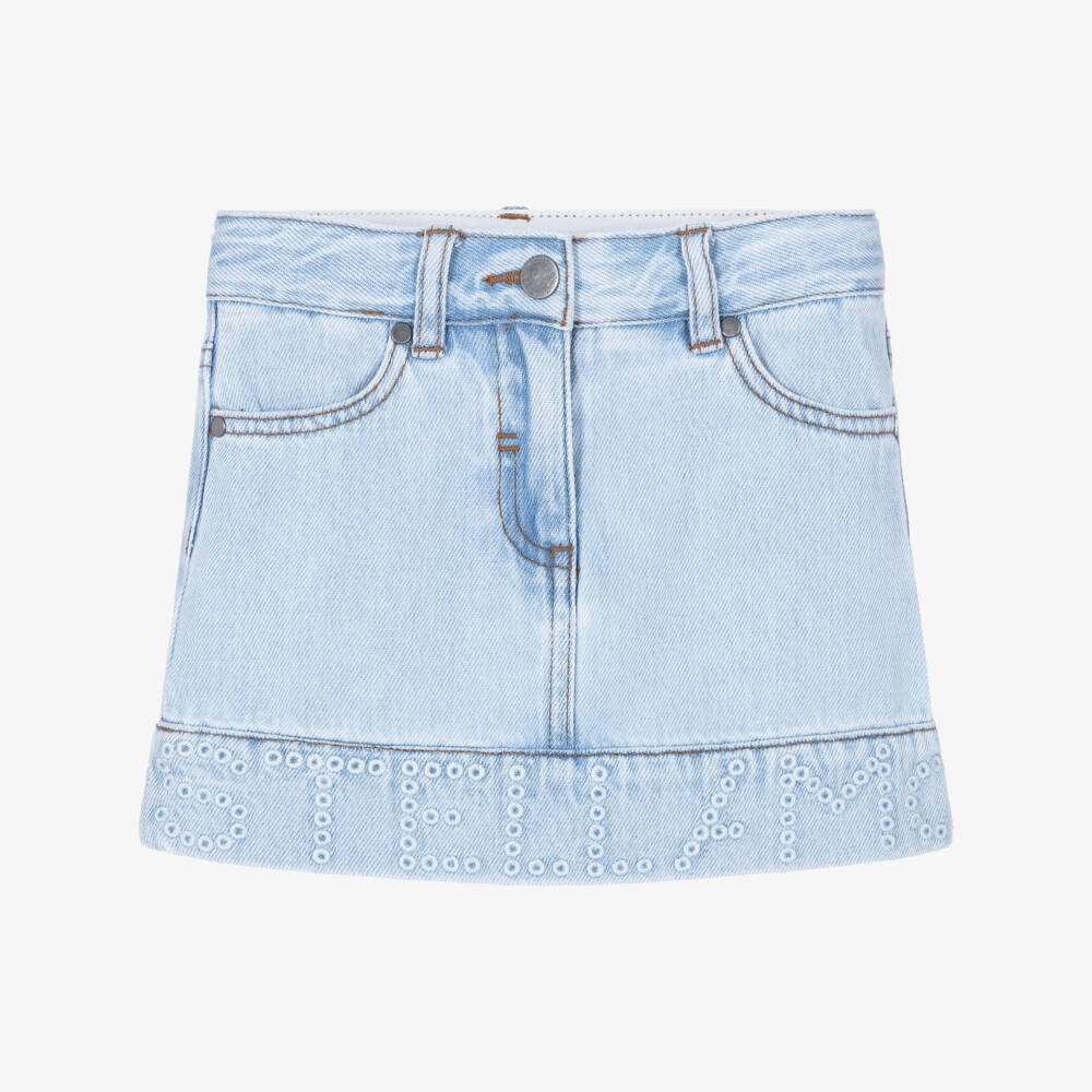 Stella McCartney Kids-Girls Light Blue Denim Skirt with Embroidered Logo | Childrensalon
