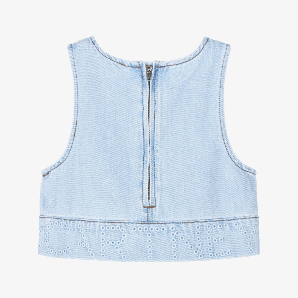 Stella McCartney Kids-Girls Light Blue Denim Sleeveless Top with Embroidered Logo | Childrensalon