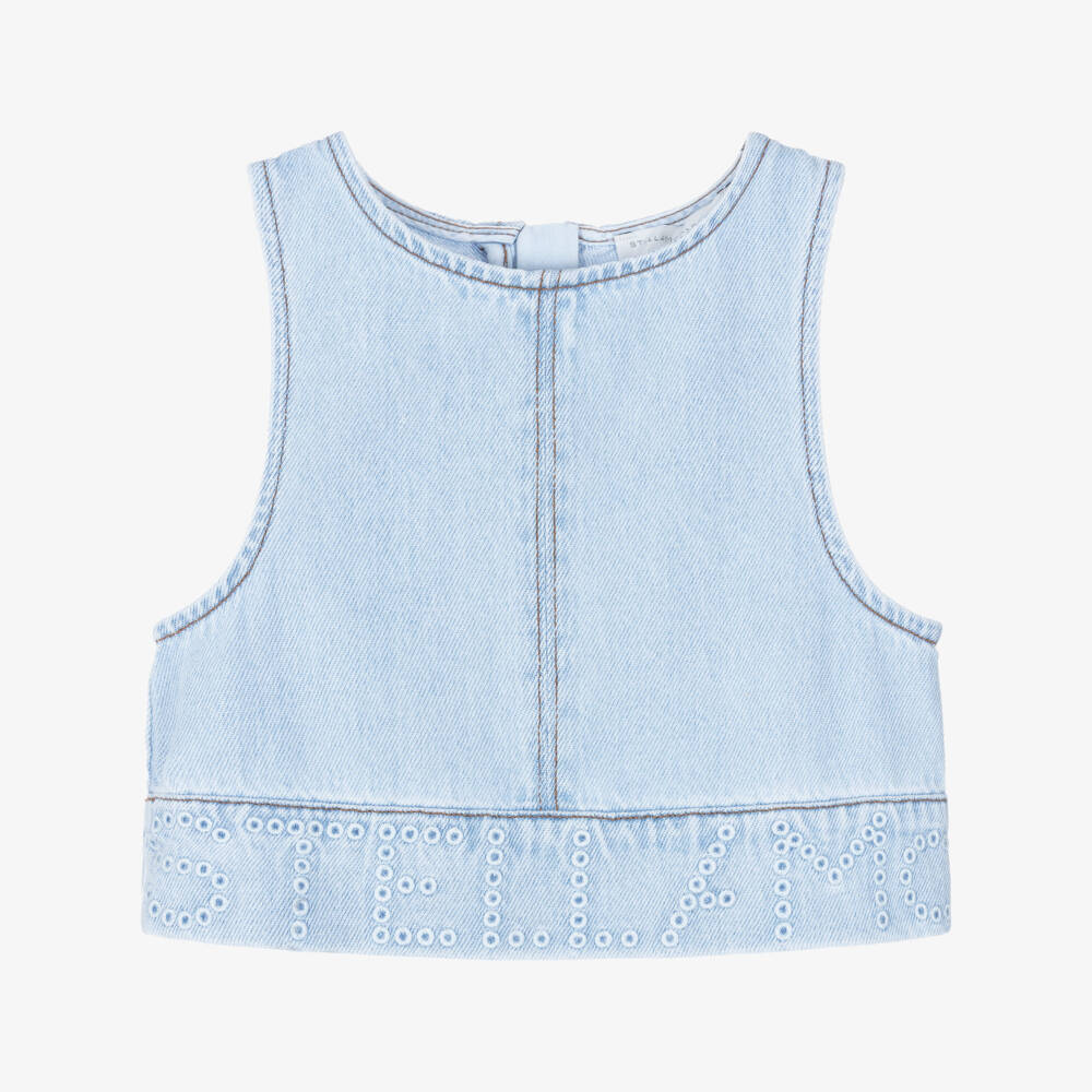 Stella McCartney Kids-Girls Light Blue Denim Sleeveless Top with Embroidered Logo | Childrensalon