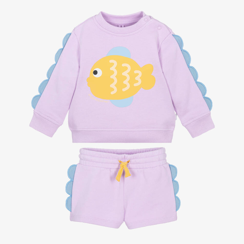 Stella McCartney Kids-Girls Lilac Cotton Shorts Set with Fish Print | Childrensalon
