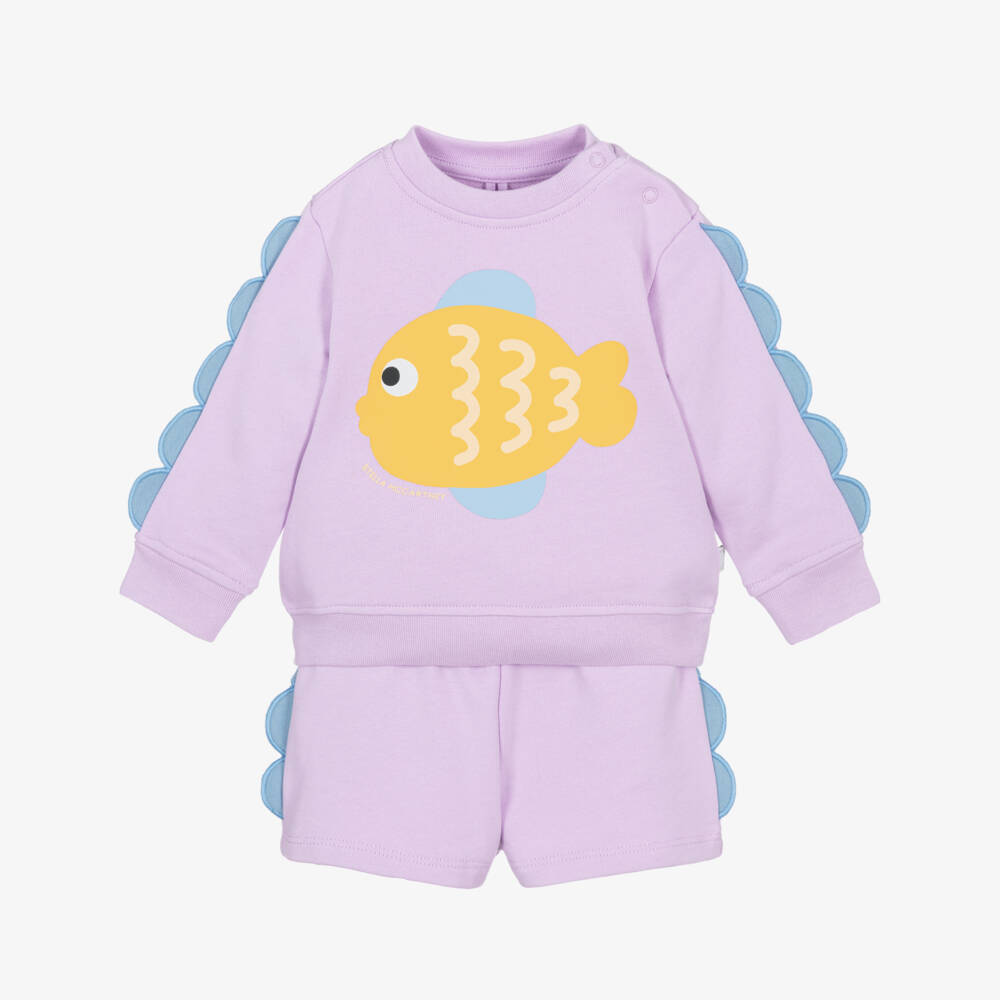 Stella McCartney Kids-Girls Lilac Cotton Shorts Set with Fish Print | Childrensalon