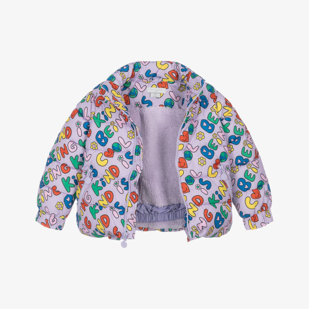 Stella McCartney Kids-Girls Lilac Hooded Puffer Jacket with Kind Is Cool Print | Childrensalon