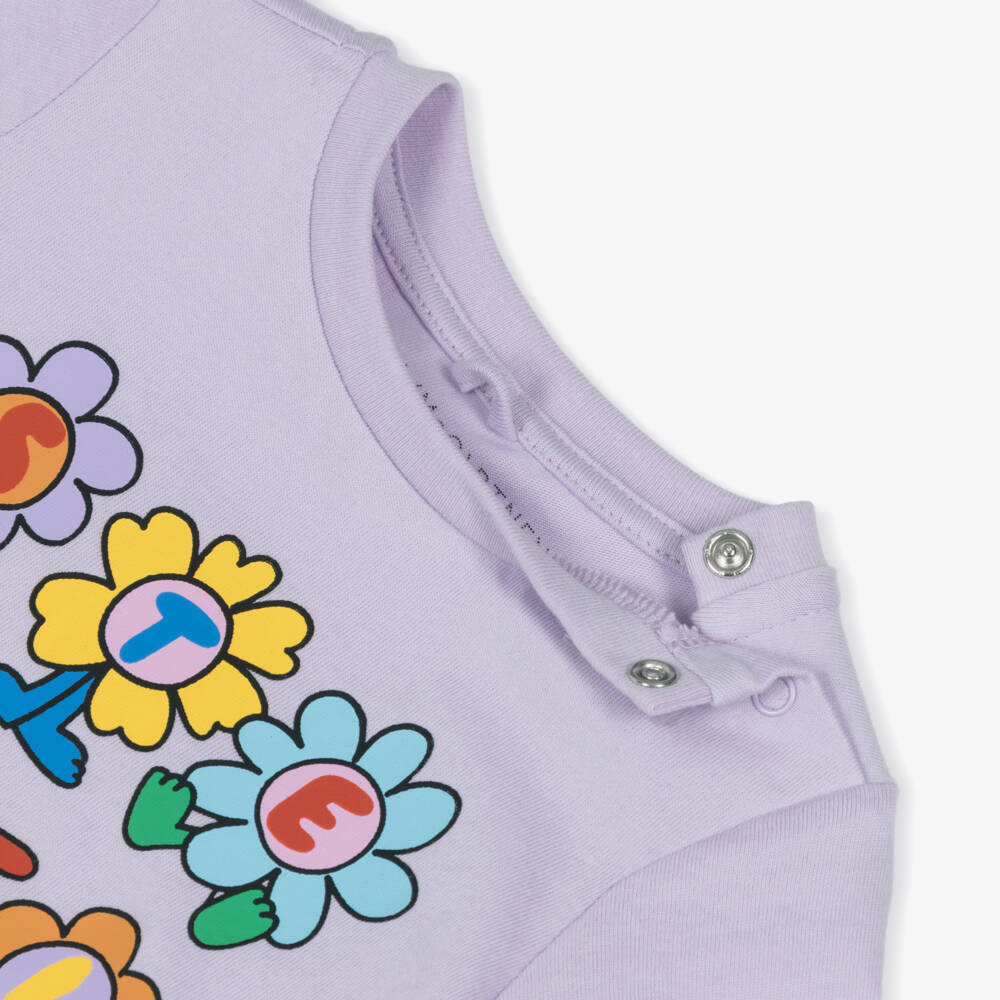 Stella McCartney Kids-Girls Lilac Purple Cotton Flower Logo Print T-Shirt | Childrensalon