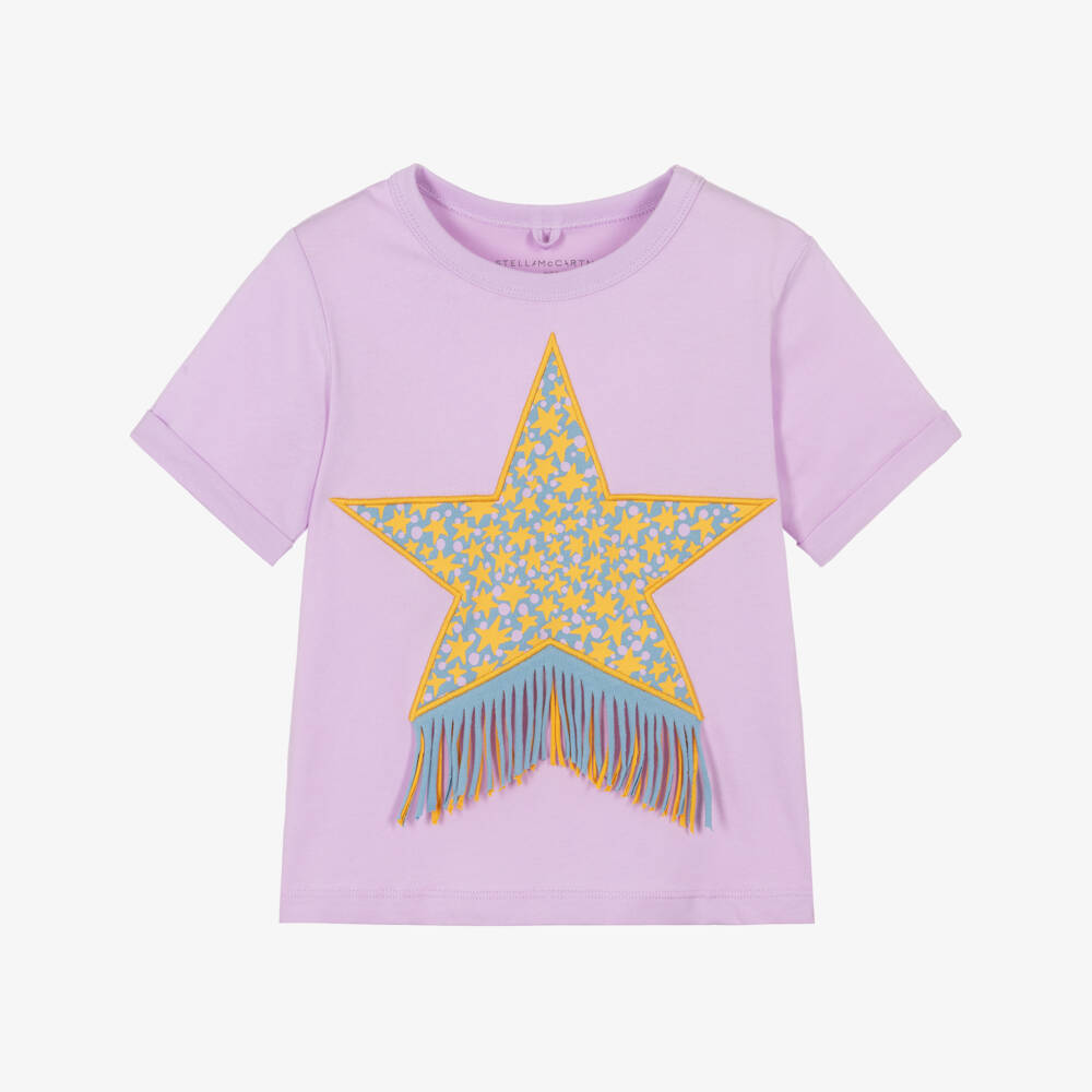 Stella McCartney Kids-Girls Lilac Purple Cotton Fringed Star T-Shirt | Childrensalon