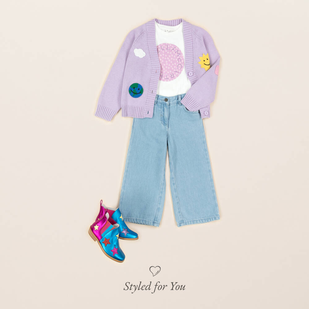 Stella McCartney Kids-كارديغان محبوك بطبعة شمس وأرض لون ليلكي للبنات | Childrensalon