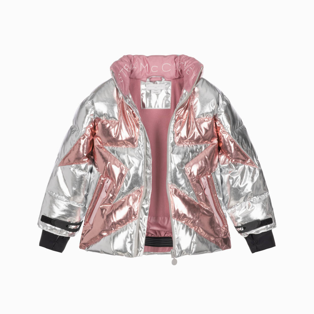 Stella McCartney Kids-Girls Metallic Silver & Pink Star Technical Ski Jacket | Childrensalon