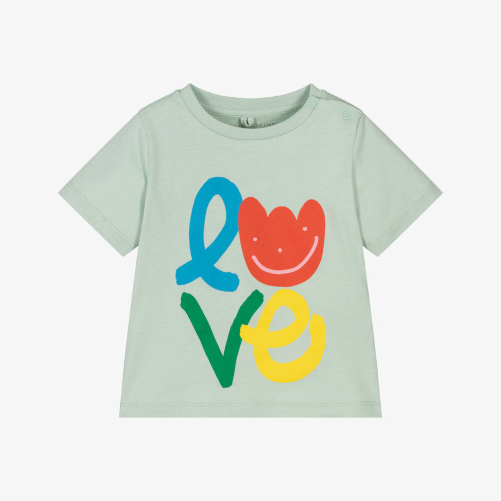 Stella McCartney Kids-Футболка зеленая из хлопка с принтом Love для девочек | Childrensalon