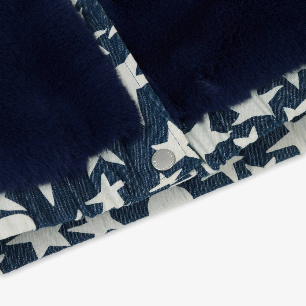Stella McCartney Kids-Girls Navy Blue Faux Fur Jacket with Denim Star Trim | Childrensalon