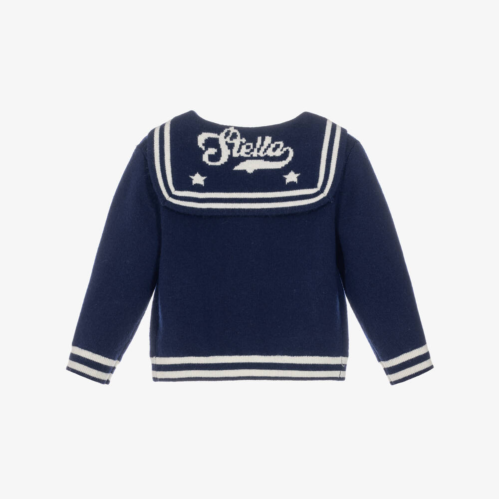 Stella McCartney Kids-Girls Navy Blue Knitted Cardigan with Sailor Collar | Childrensalon