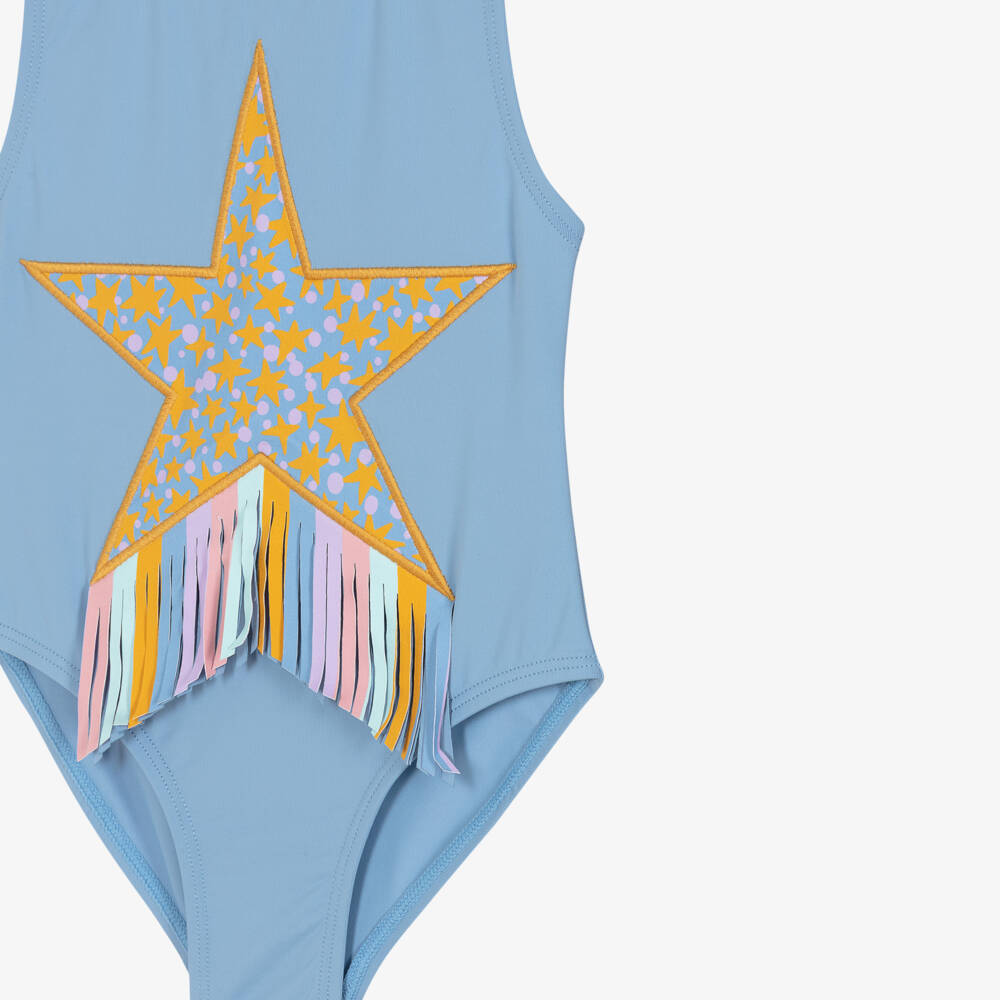 Stella McCartney Kids-Girls Pale Blue Star Swimsuit with Fringing | Childrensalon