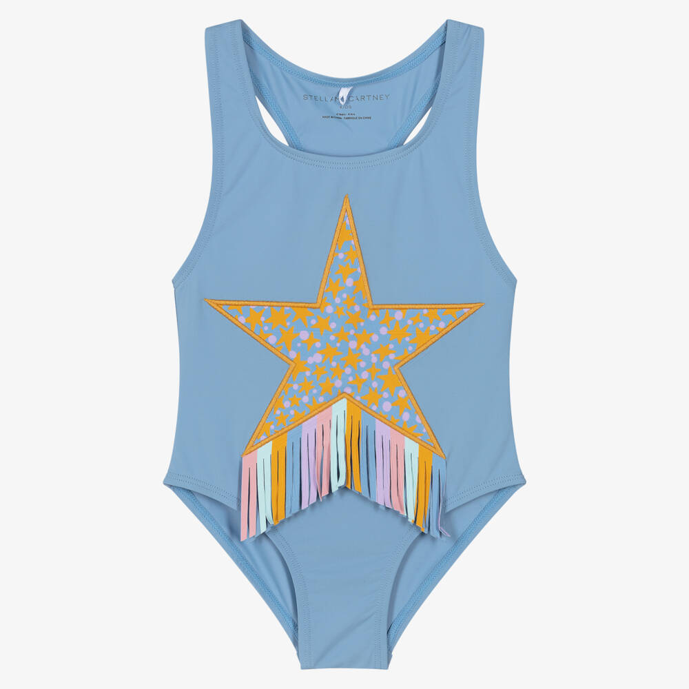 Stella McCartney Kids-Girls Pale Blue Star Swimsuit with Fringing | Childrensalon