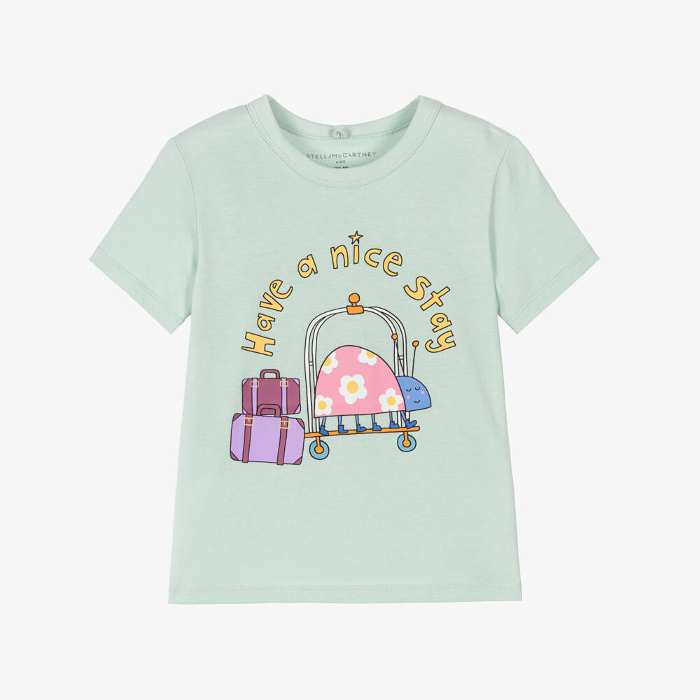 Stella McCartney Kids-Girls Pale Green Cotton Ladybird & Luggage T-Shirt | Childrensalon