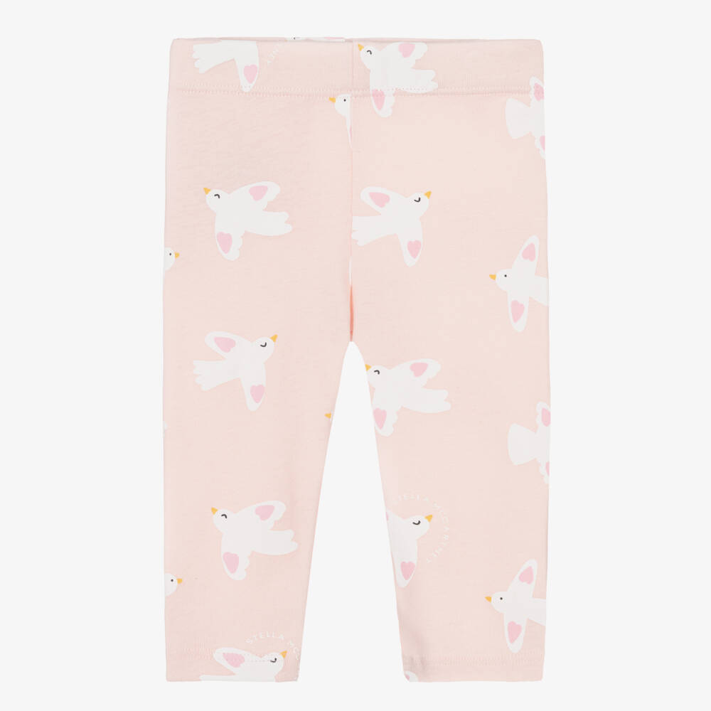 Stella McCartney Kids-Girls Pale Pink Cotton Jersey Leggings with White Bird Print | Childrensalon