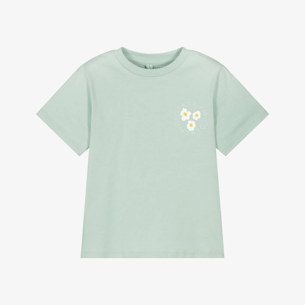 Stella McCartney Kids-Girls Pastel Green Cotton T-Shirt with Circular Flower Logo | Childrensalon
