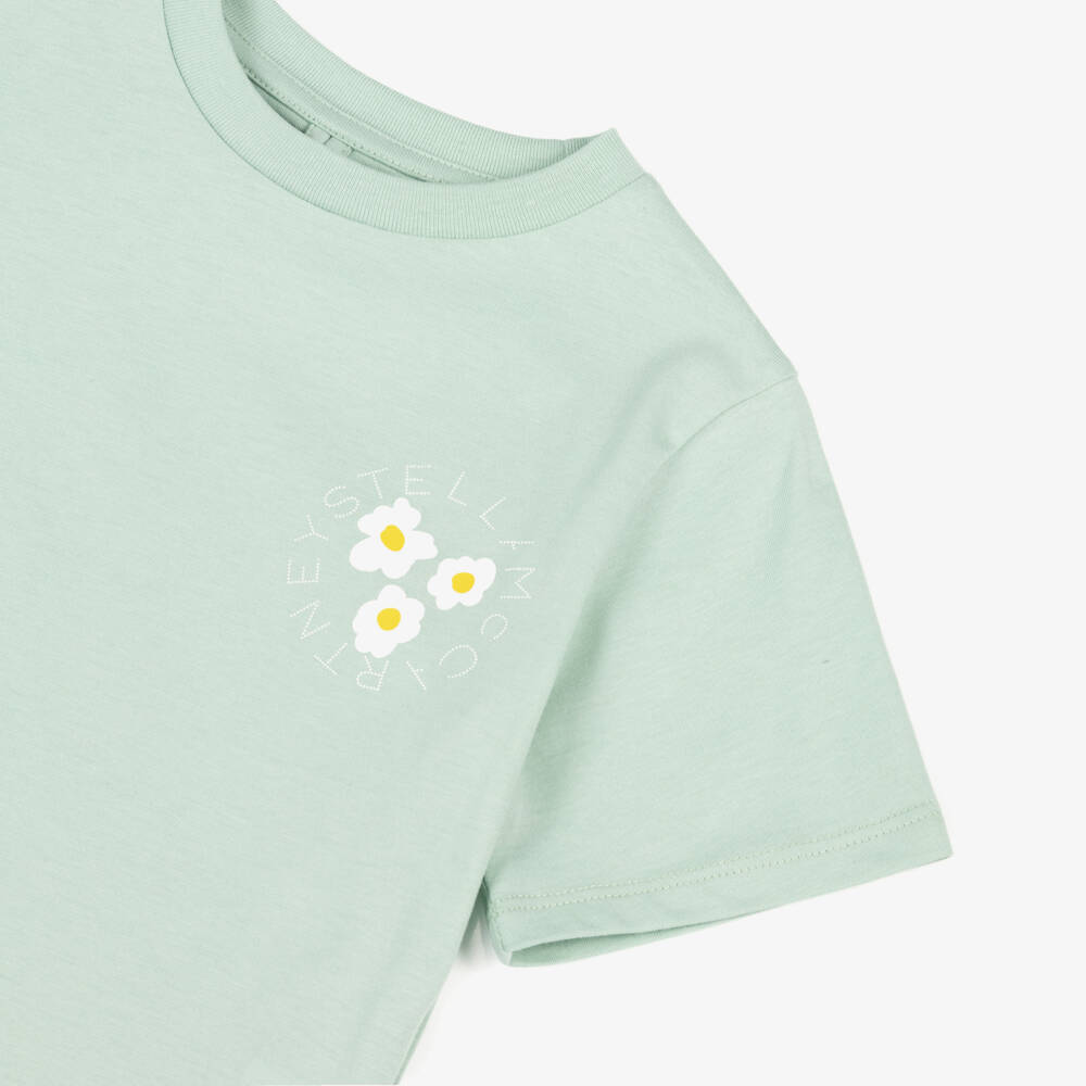 Stella McCartney Kids-Girls Pastel Green Cotton T-Shirt with Circular Flower Logo | Childrensalon