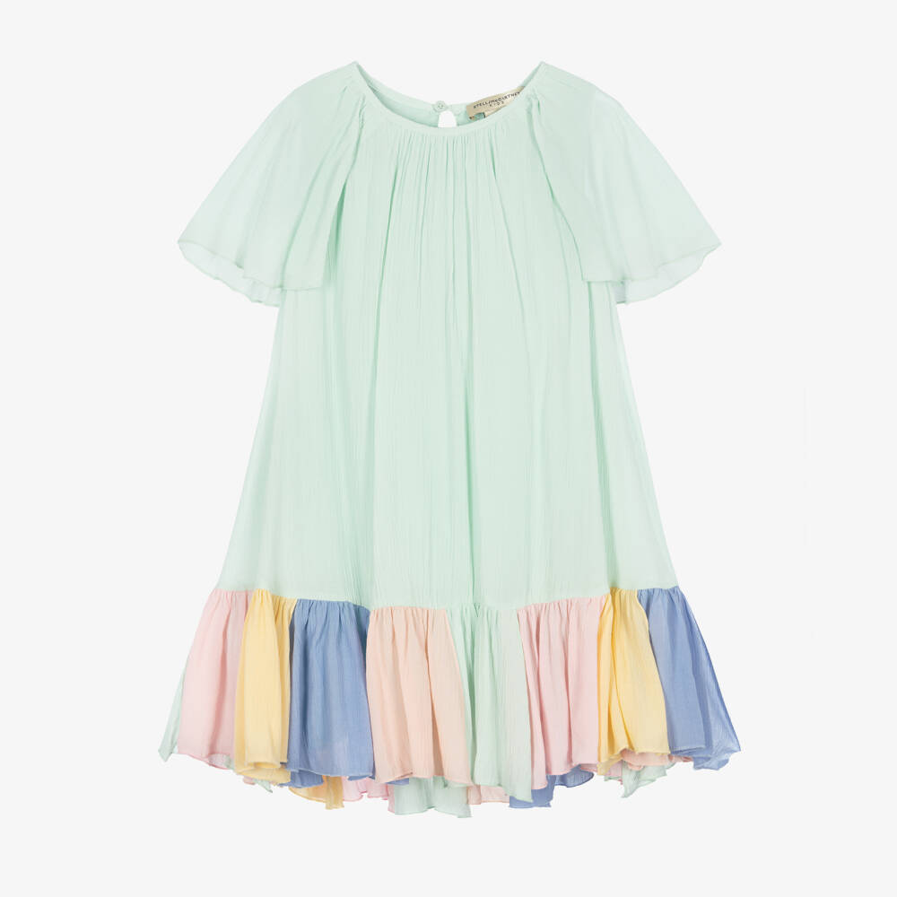 Stella McCartney Kids-Girls Pastel Green Dress with Rainbow Hem | Childrensalon