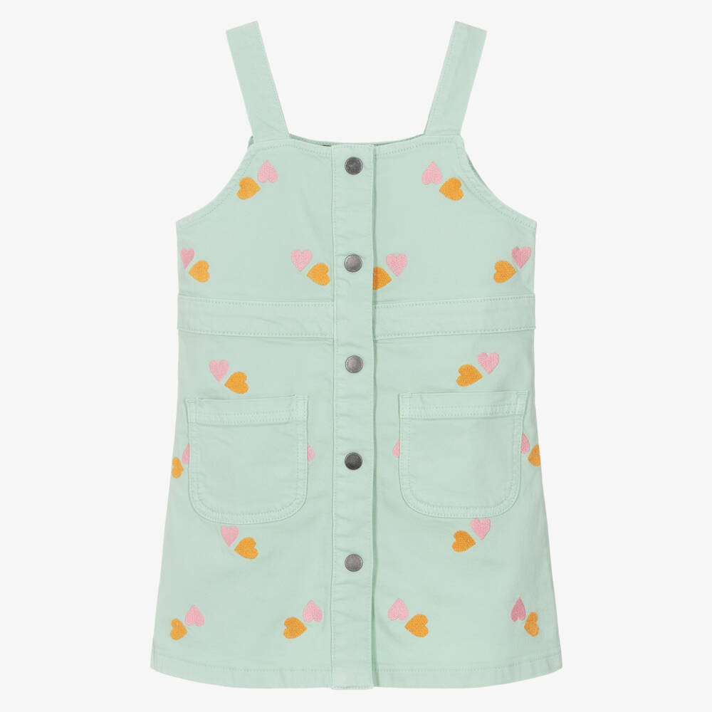 Stella McCartney Kids-Girls Pastel Green Embroidered Hearts Pinafore Dress | Childrensalon