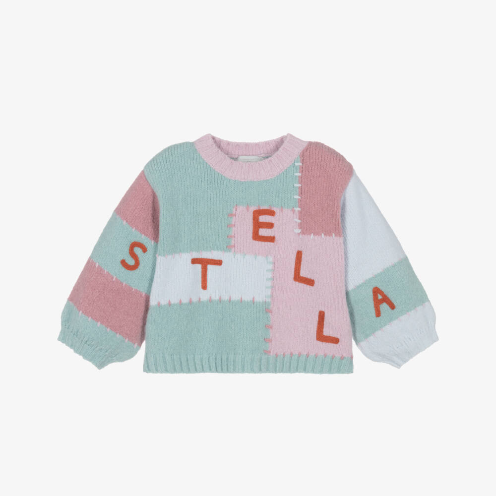 Stella McCartney Kids-Girls Pastel Pink & Green Stella Patchwork Jumper | Childrensalon