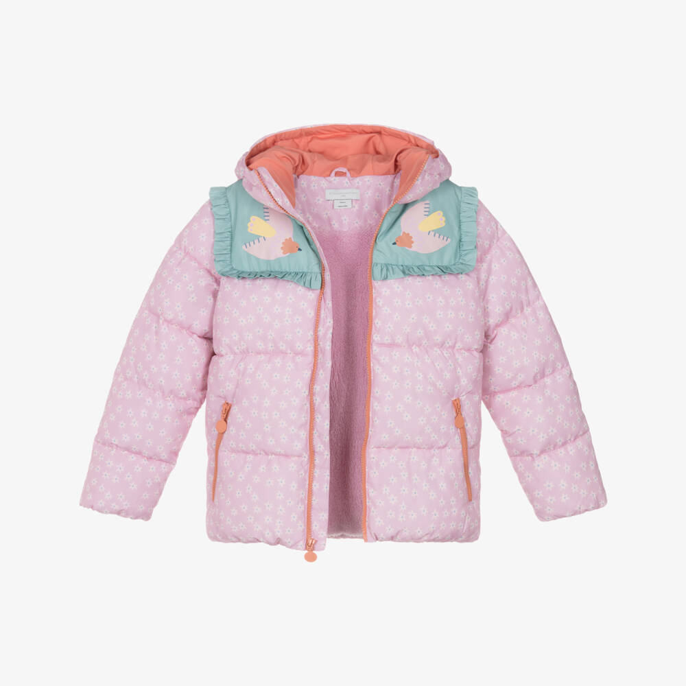 Stella McCartney Kids-Girls Pink Bird Motif Puffer Jacket | Childrensalon
