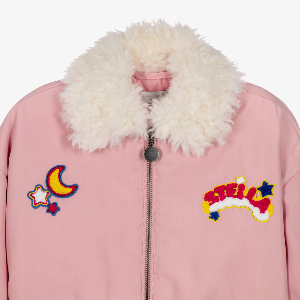 Stella McCartney Kids-Girls Pink Bomber Jacket with Faux Fur Collar | Childrensalon