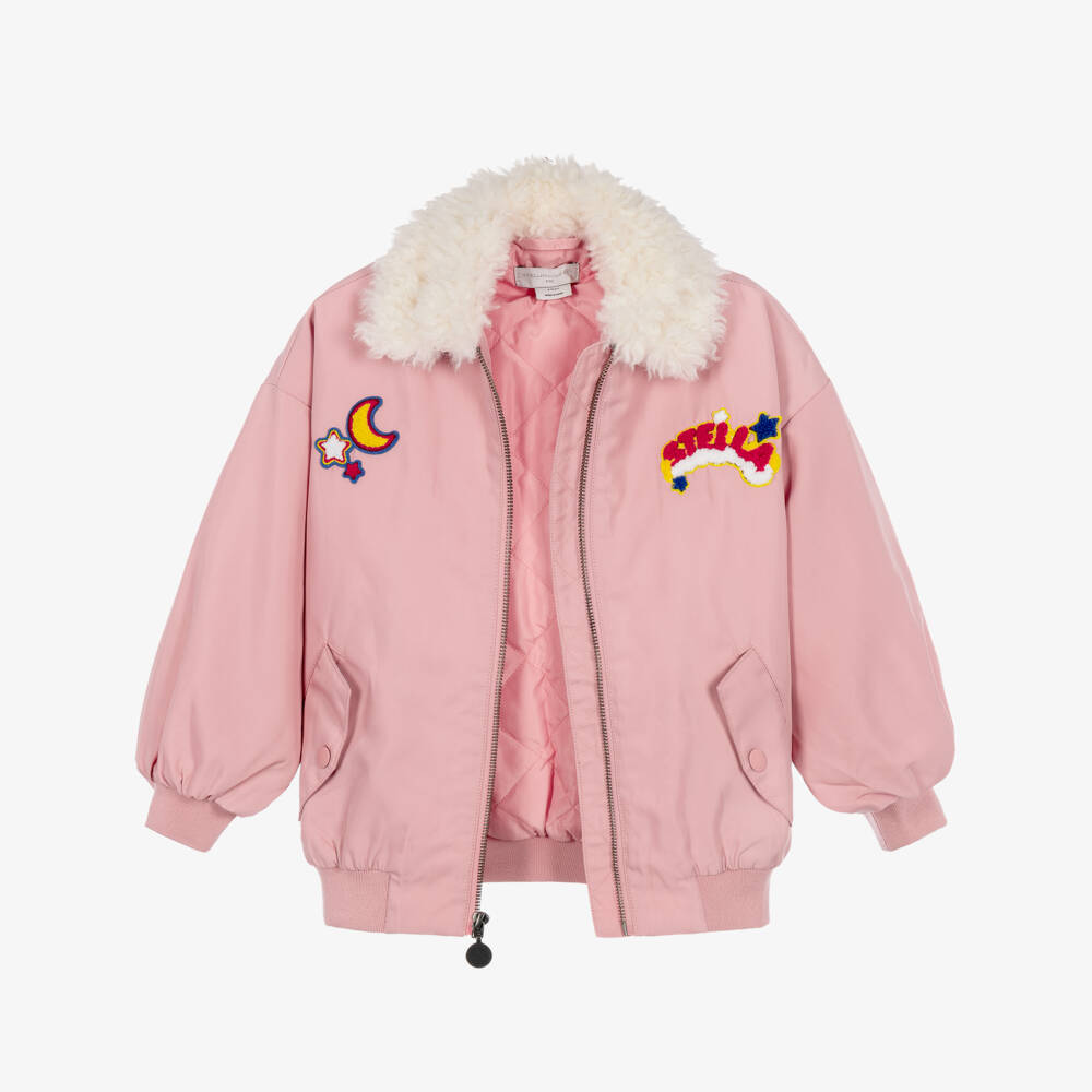 Stella McCartney Kids-Girls Pink Bomber Jacket with Faux Fur Collar | Childrensalon