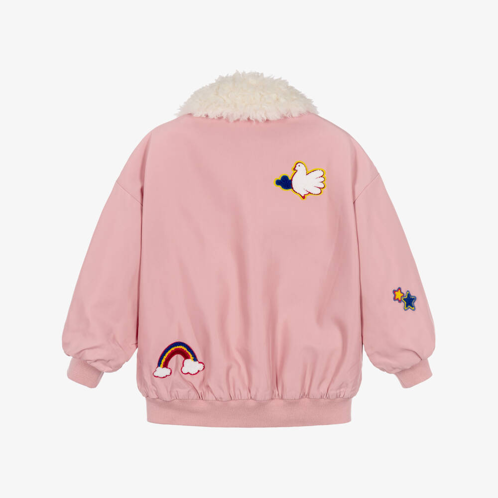 Stella McCartney Kids-Girls Pink Bomber Jacket with Faux Fur Collar | Childrensalon