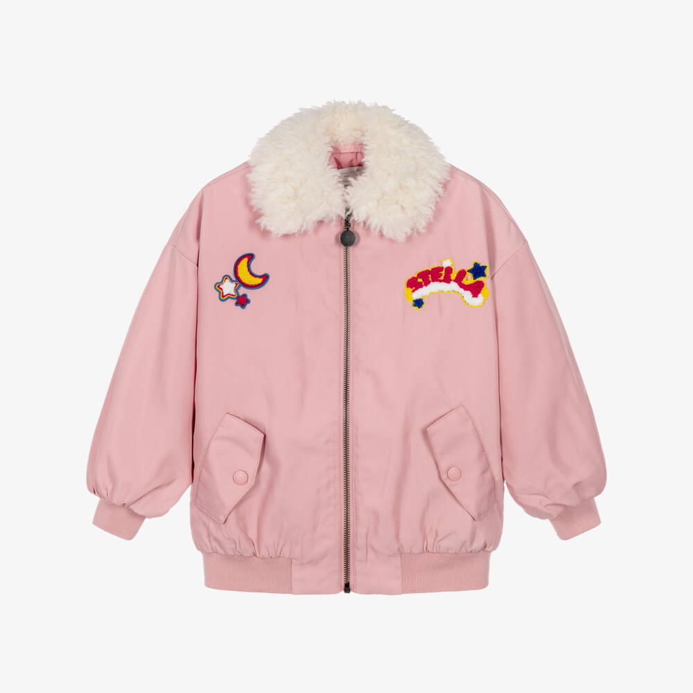Stella McCartney Kids-Girls Pink Bomber Jacket with Faux Fur Collar | Childrensalon