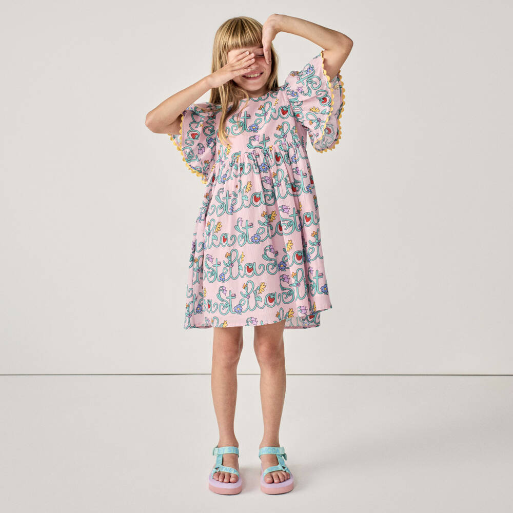 Stella McCartney Kids-Girls Pink Cheesecloth Dress with Floral Logo Print | Childrensalon