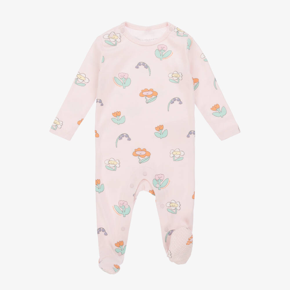 Stella McCartney Kids-Girls Pink Cotton Flower Print Babysuit Set | Childrensalon