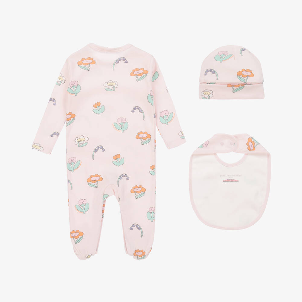 Stella McCartney Kids-Girls Pink Cotton Flower Print Babysuit Set | Childrensalon