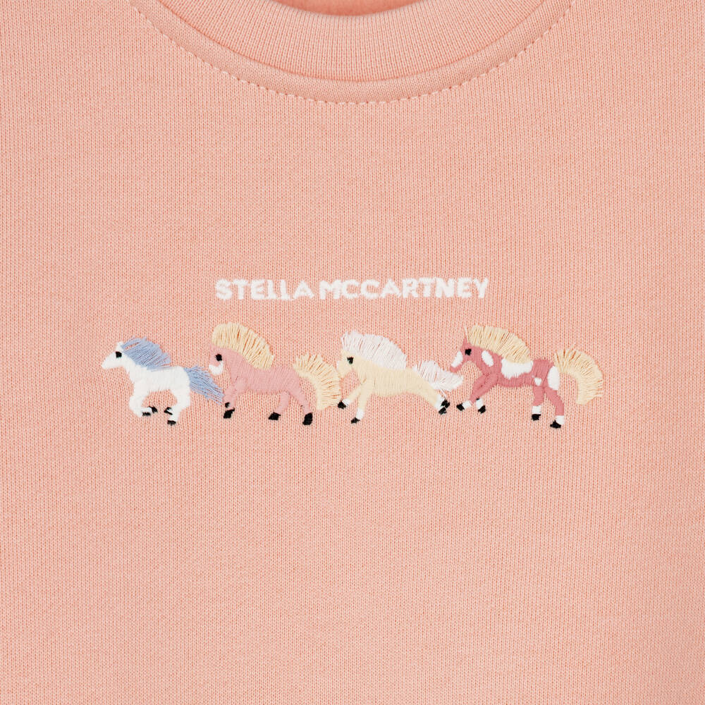Stella McCartney Kids-Girls Pink Cotton Jersey Dress with Embroidered Horses | Childrensalon