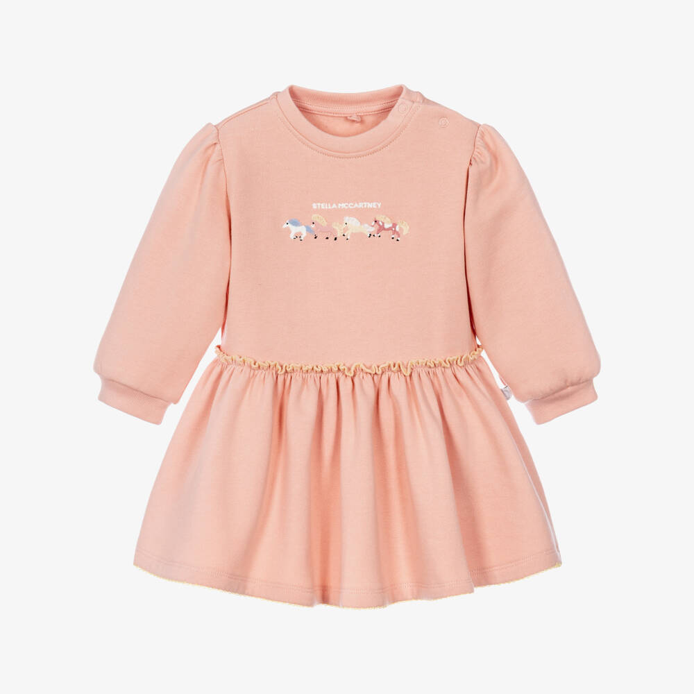 Stella McCartney Kids-Girls Pink Cotton Jersey Dress with Embroidered Horses | Childrensalon