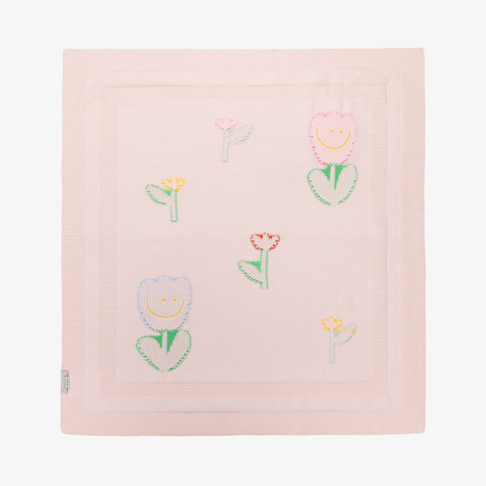 Stella McCartney Kids-Girls Pink Cotton Knit Blanket with Flower Motifs (78cm) | Childrensalon