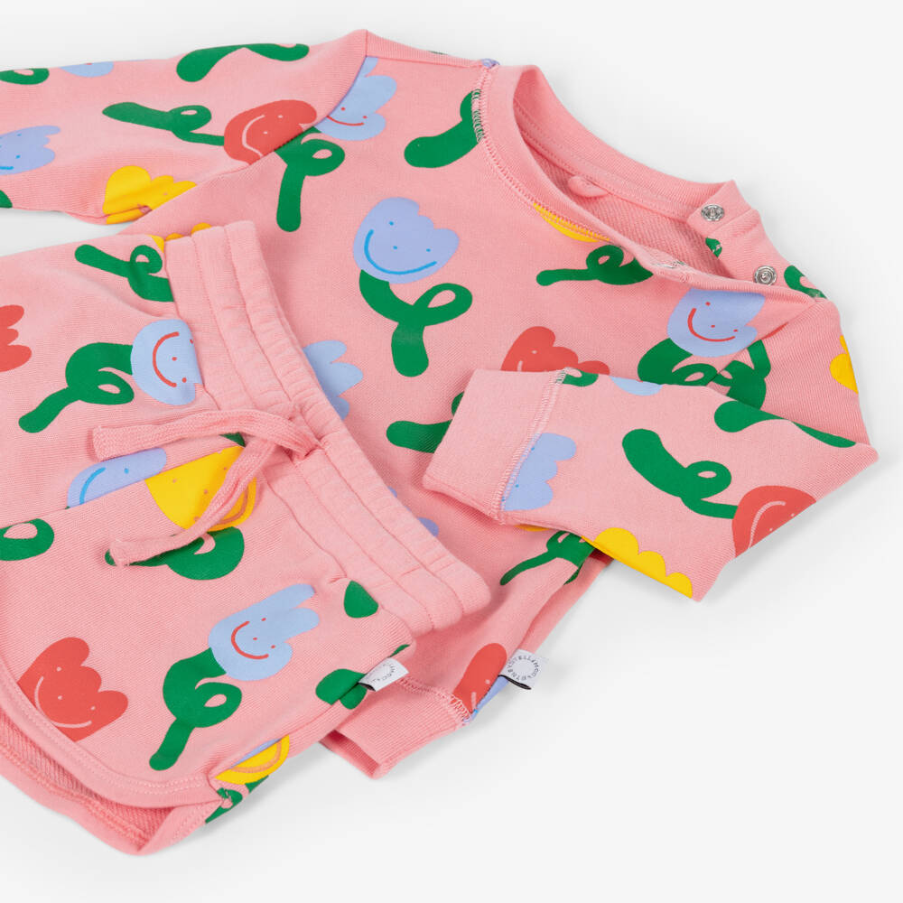 Stella McCartney Kids-Girls Pink Cotton Shorts Set with Cheerful Tulip Print | Childrensalon