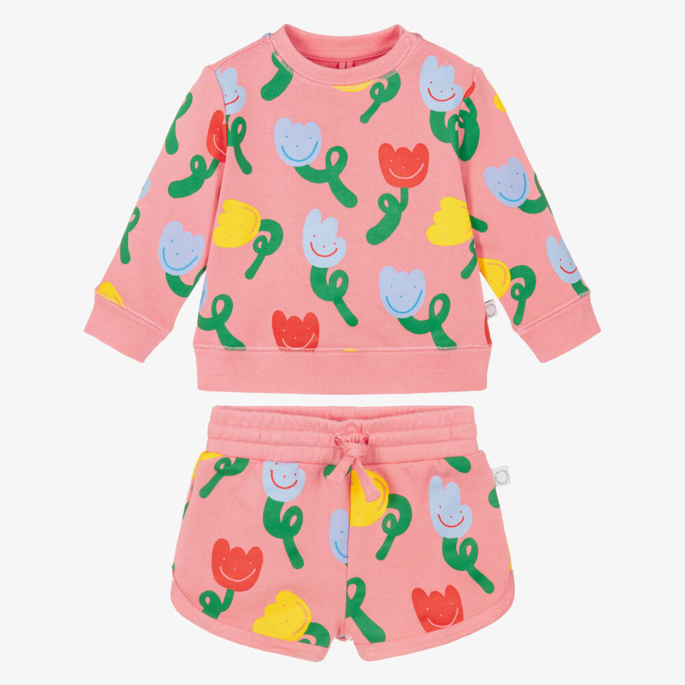 Stella McCartney Kids-Girls Pink Cotton Shorts Set with Cheerful Tulip Print | Childrensalon