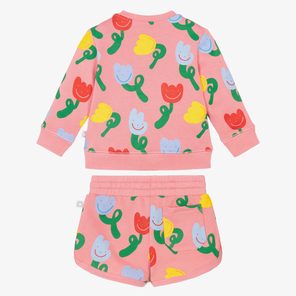 Stella McCartney Kids-Girls Pink Cotton Shorts Set with Cheerful Tulip Print | Childrensalon